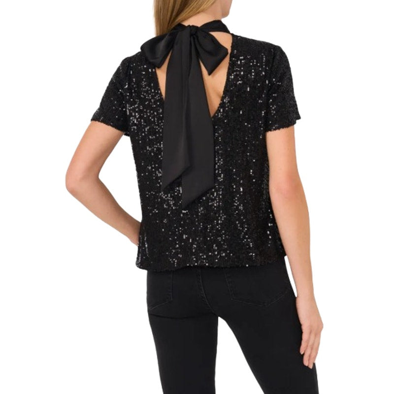 CECE Women's Sequin Top Large Rich Black Bow Back Mock Neck Short Sleeve NWT