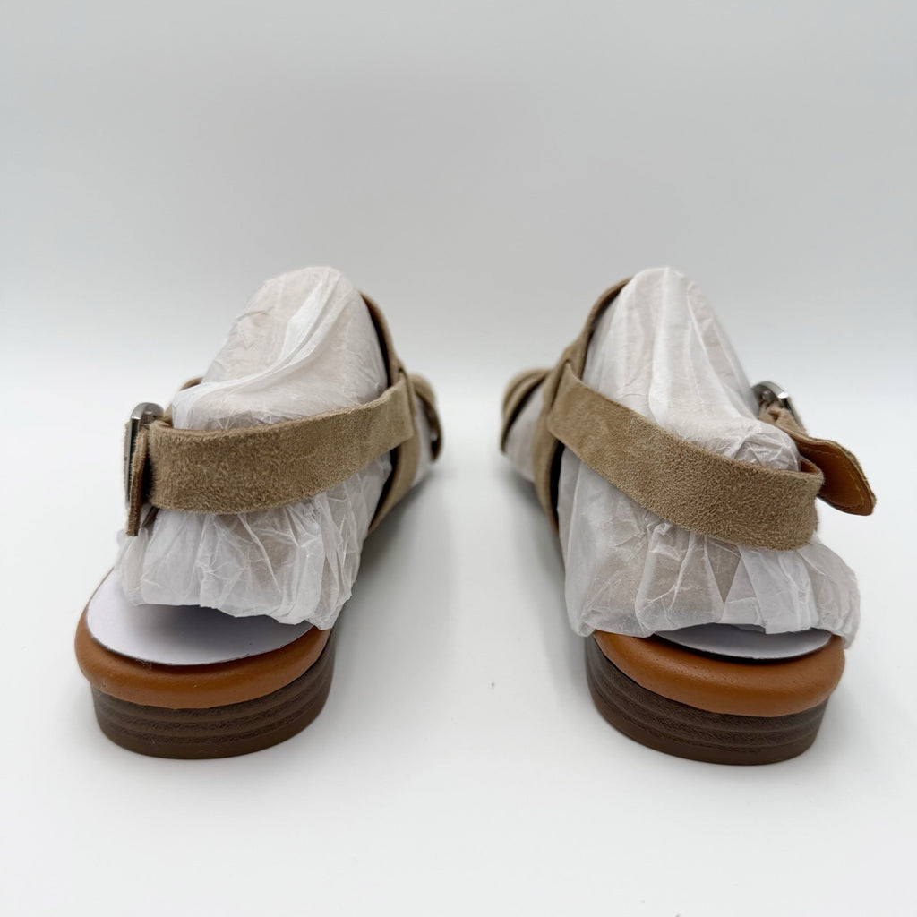 Franco Sarto Womens Gia Flat Sandals Size 7.5 M EU 38 Taupe Tan Suede NWOB