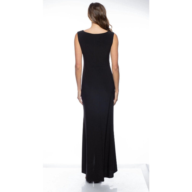MARINA Women's Long Dress Small Black Crepe V Neck Knot Front Sleeveless NWT