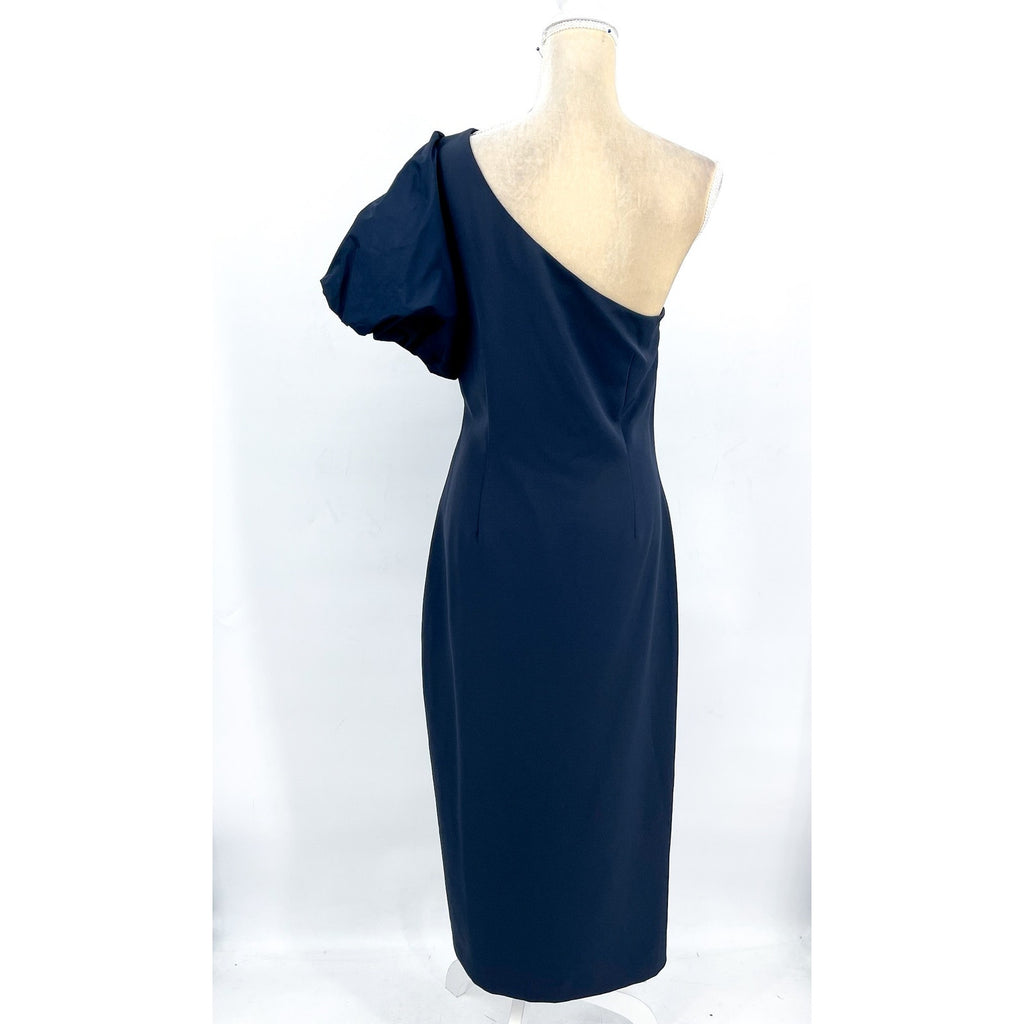 LAUREN RALPH LAUREN One-Shoulder Crepe Cocktail Dress Size 12 Navy Blue Midi NWT
