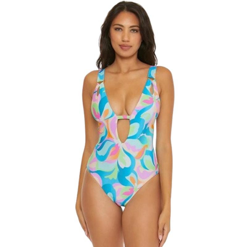 BECCA Women's All That Glitters One-Piece Swimsuit Small Blue Plunging Neck NWT