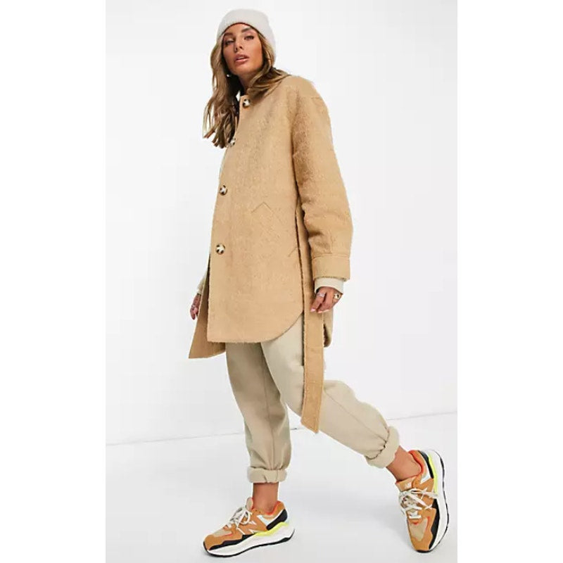 TOPSHOP Women's Brushed Shacket Size 2 Tan Camel Belted Long Sleeve NWT