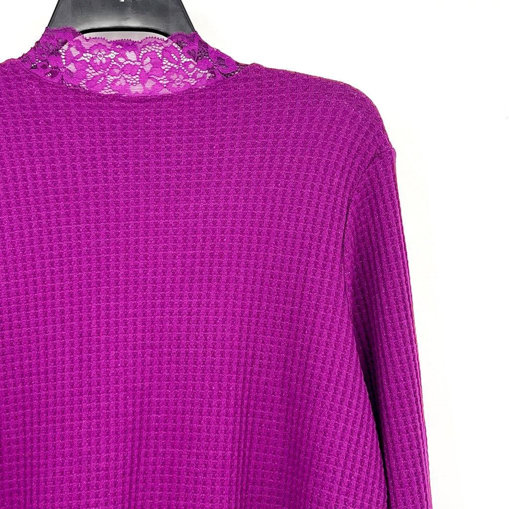 LOGO LORI GOLDSTEIN Metallic Waffle Knit Top Medium Purple Long Sleeve NWOT