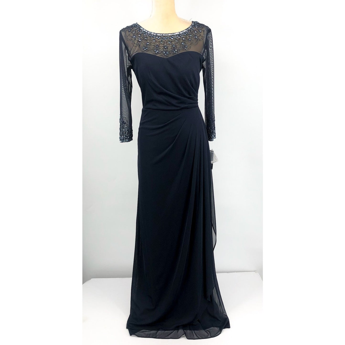 ALEX EVENINGS Illusion Sheath Gown Size 8 Deep Navy Blue Mesh Jeweled Neck NWT