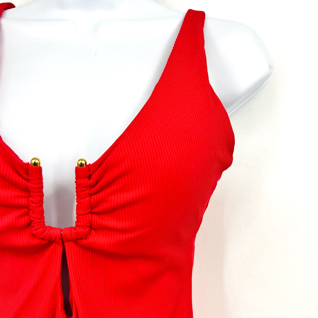 BECCA Women's Modern Edge One Piece Swimsuit Large Fire Red Plunge Neck NWT