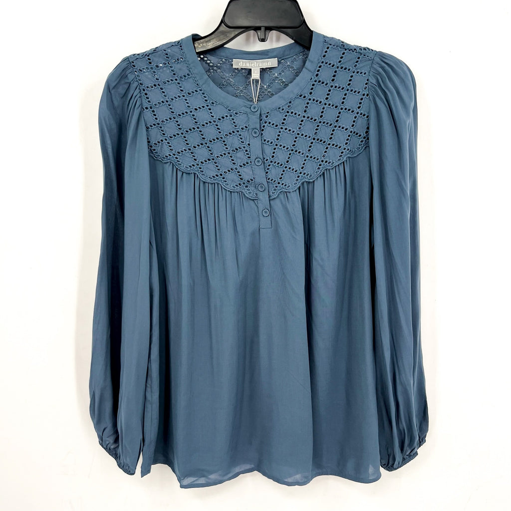 DANIEL RAINN Womens Eyelet Blouse Small Blue Mirage Puff Long Sleeve NWT