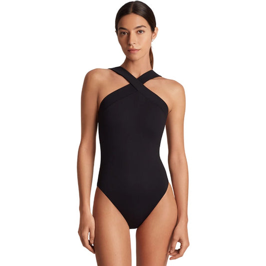 LAUREN RALPH LAUREN Sculpting Cross Front One Piece Swimsuit 14 Black OTS NWT