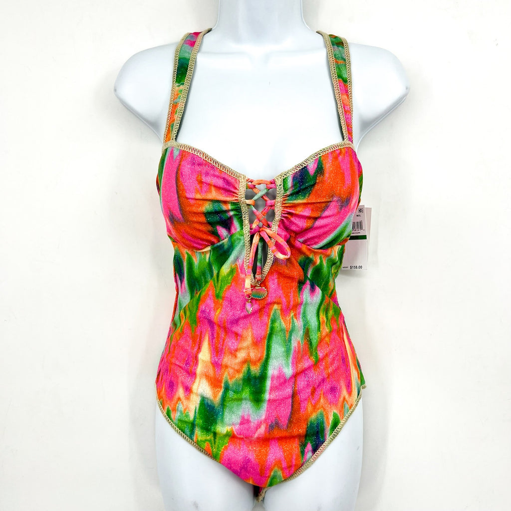 BECCA Women's Lace-Up One-Piece Swimsuit Large Pink Mirage Metallic NWT