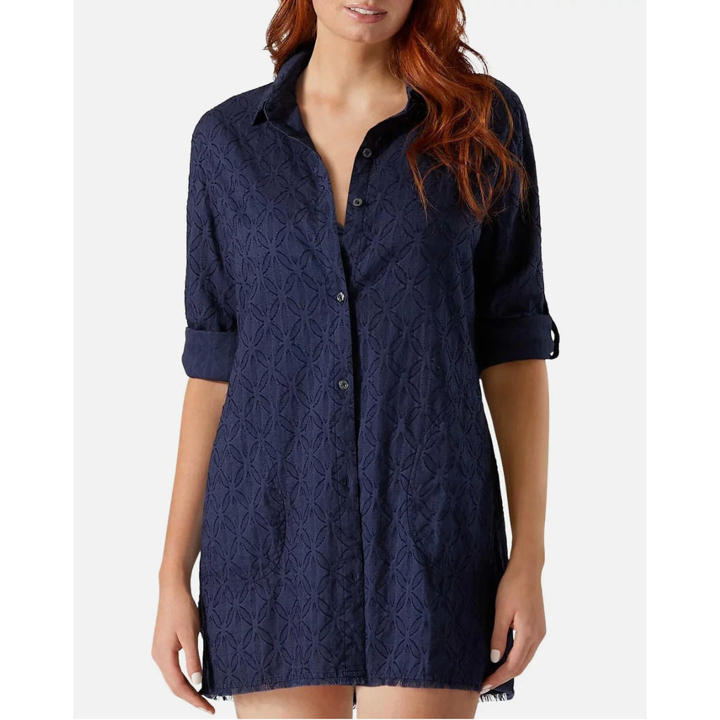 TOMMY BAHAMA Jacquard Boyfriend Cover Up Shirt XL Mare Navy Blue Cotton Clip NWT