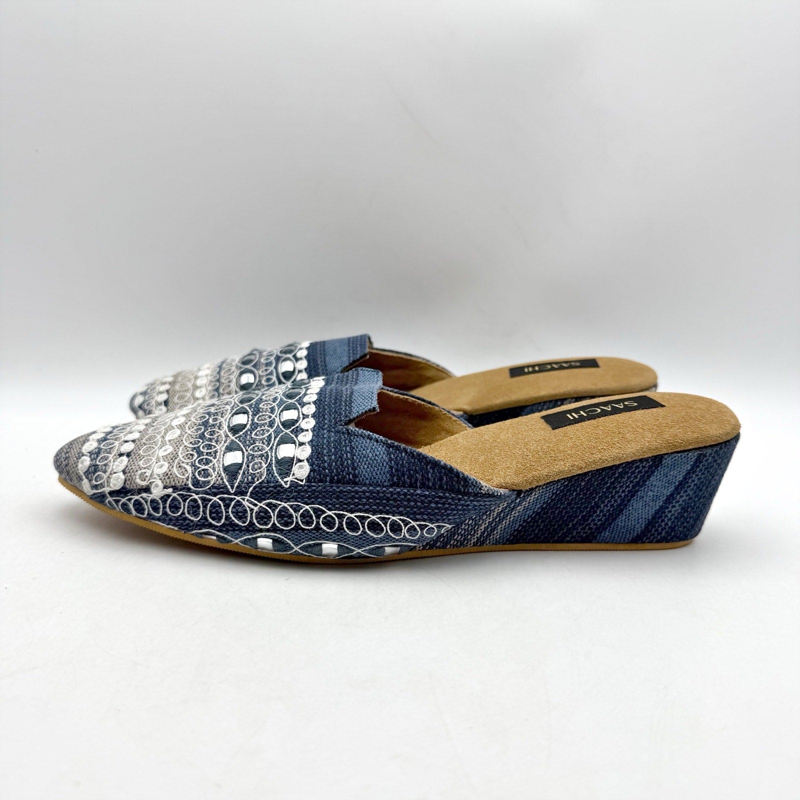 Saachi Womens Denim Wedge Mules US 11 Blue Silk Embroidered NWOB