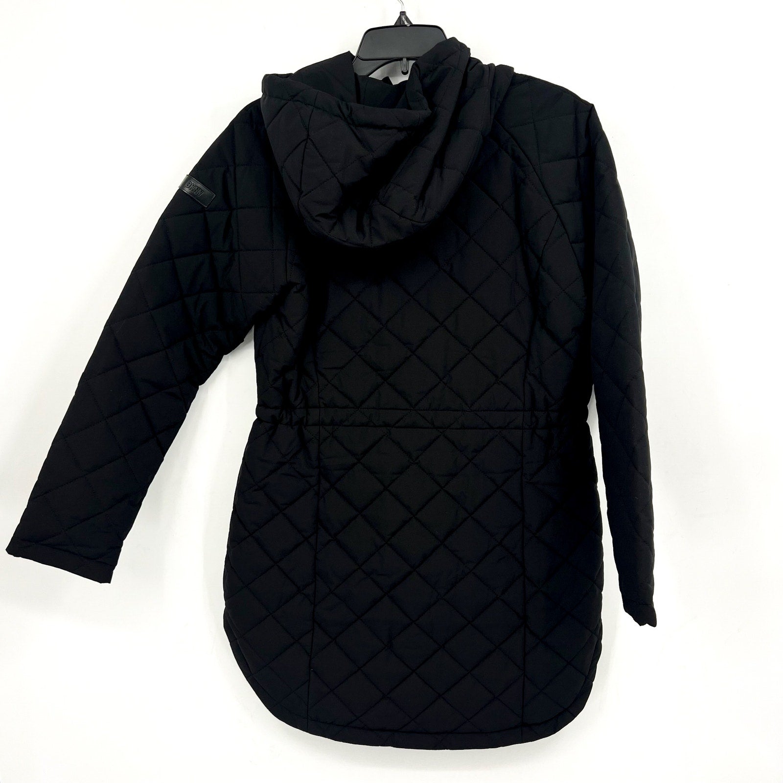 DKNY Womens Diamond Quilted Jacket XS Black Hooded Mid-Length NWT