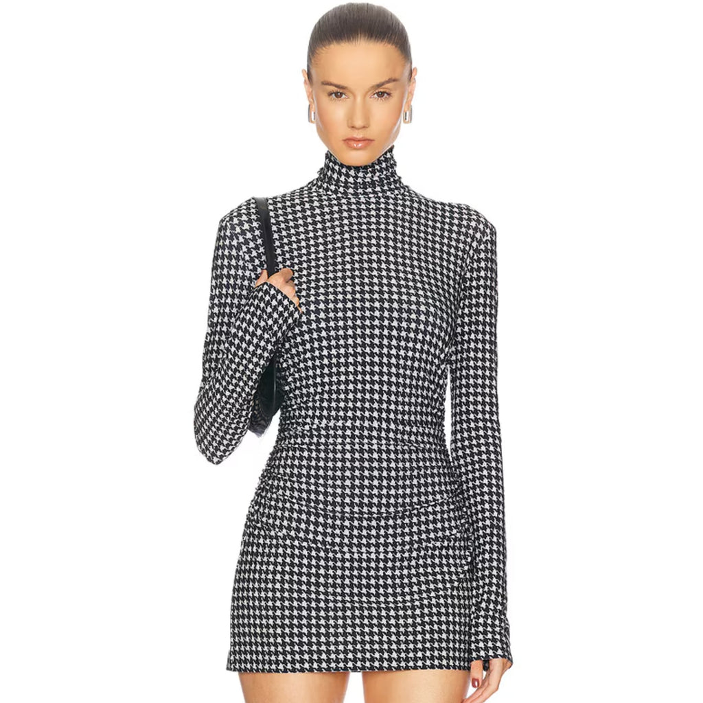 NORMA KAMALI Long Sleeve Turtleneck Pickleball Dress XS/34 Large Houndstooth NWT
