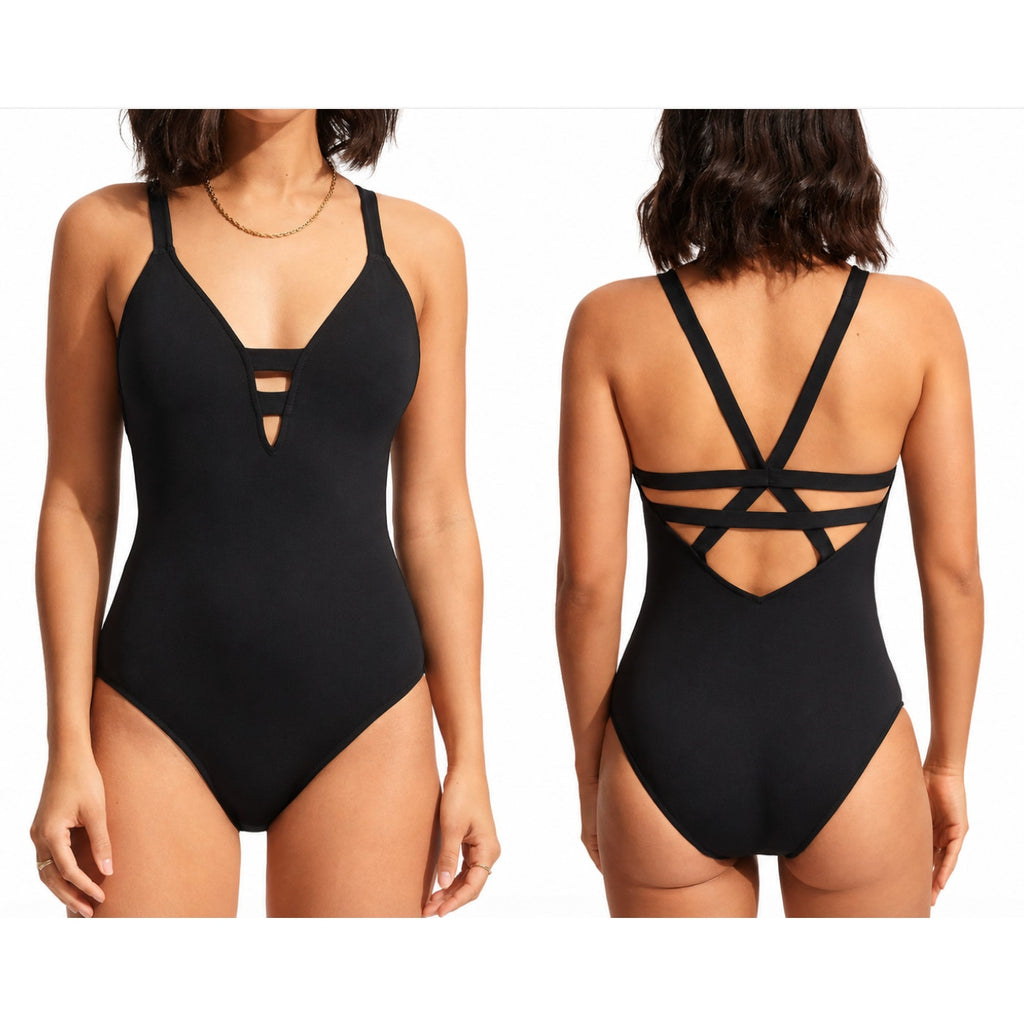 SEAFOLLY Collective Cross Back One Piece Swimsuit Size 6 Black Deep V Neck NWT