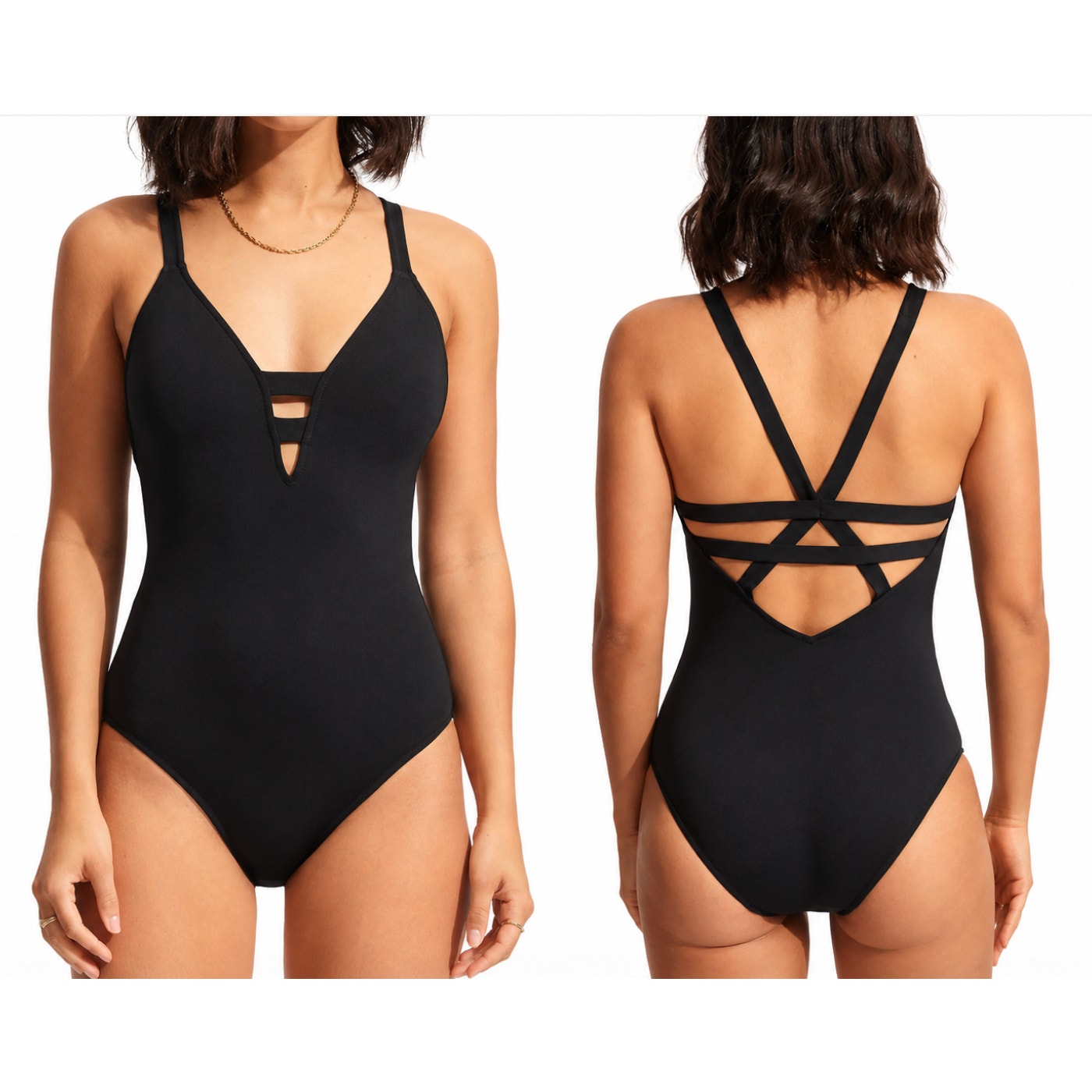 SEAFOLLY Collective Cross Back One Piece Swimsuit Size 6 Black Deep V Neck NWT