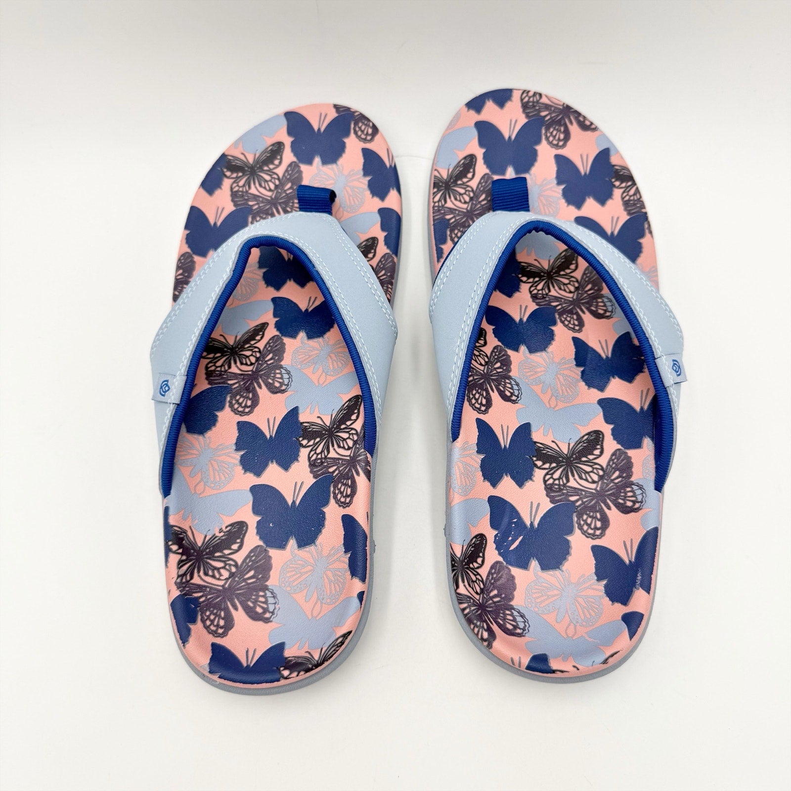 Spenco Womens Yumi Butterfly Sandals Size 8 WIDE Blue Pink Flip Flops NWOB