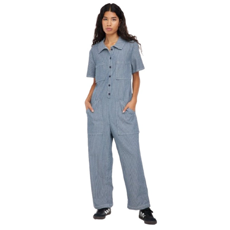 LACAUSA Womens Railroad Lucky Jumpsuit Small Blue Sea Salt Stripe NWT