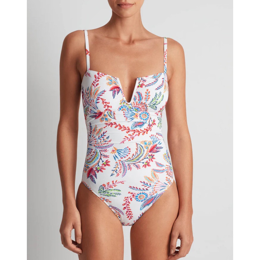 LAUREN RALPH LAUREN Fleurette One Piece Swimsuit 14 White Multi Floral VWire NWT