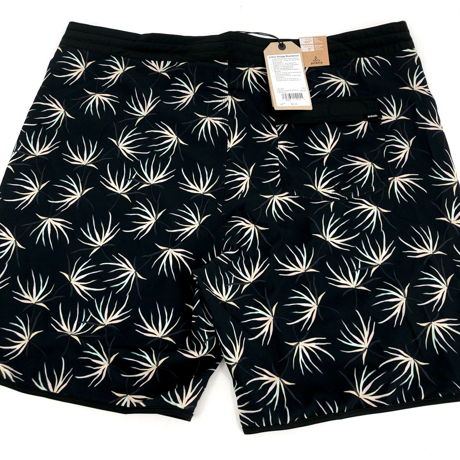 PRANA Men's Vintage Boardshort Size 40 Black Bloom 8" Inseam Drawstring NWT