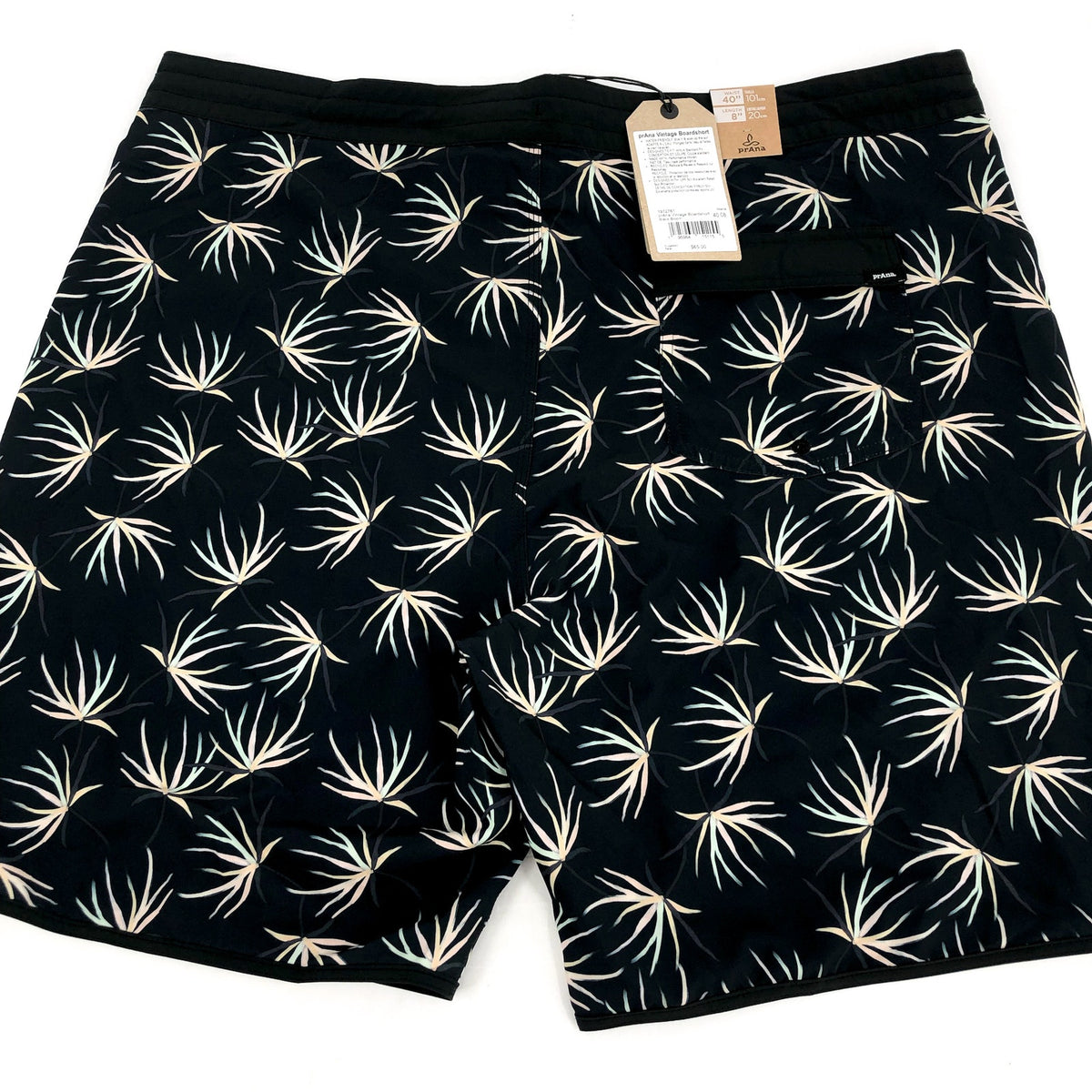 PRANA Men's Vintage Boardshort XXL 40 Black Bloom 8" Inseam Drawstring NWT