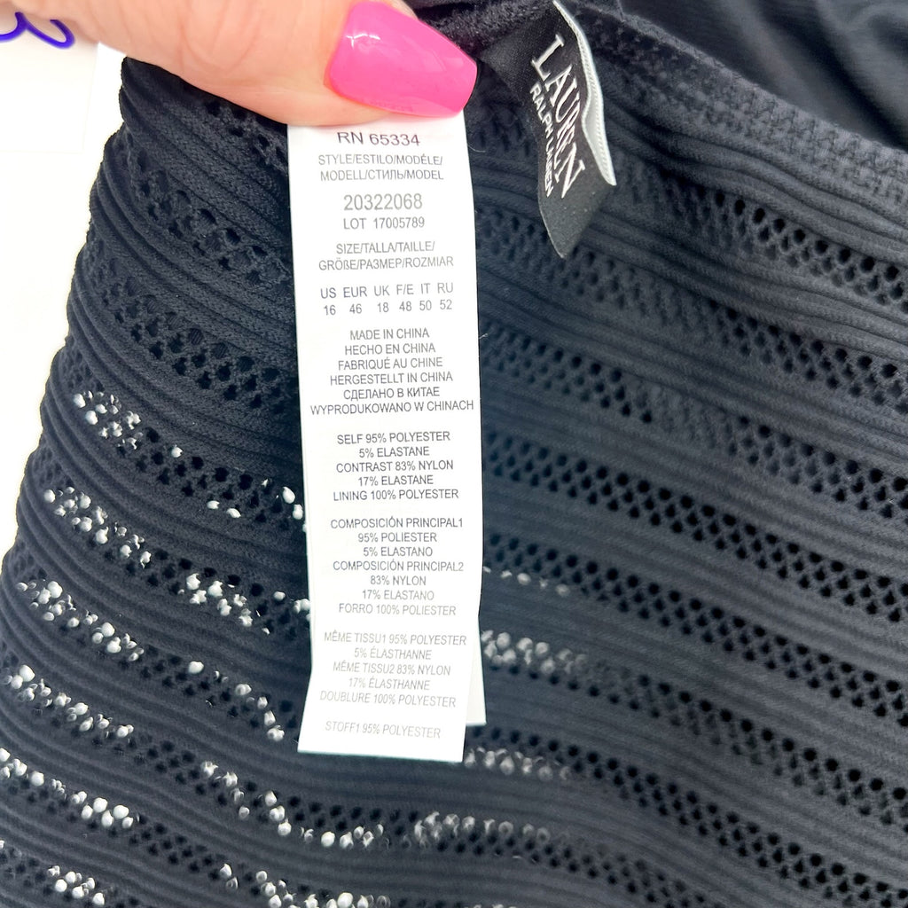 LAUREN RALPH LAUREN Ottoman One-Piece Swimsuit Size 16 Black Mesh Stripe NWT
