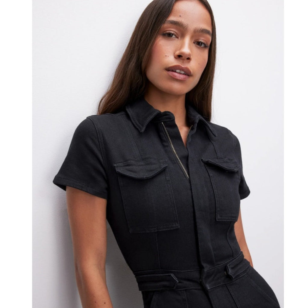 GOOD AMERICAN Women's Fit For Success Jumpsuit 1 Small Black Short Sleeve  NWT