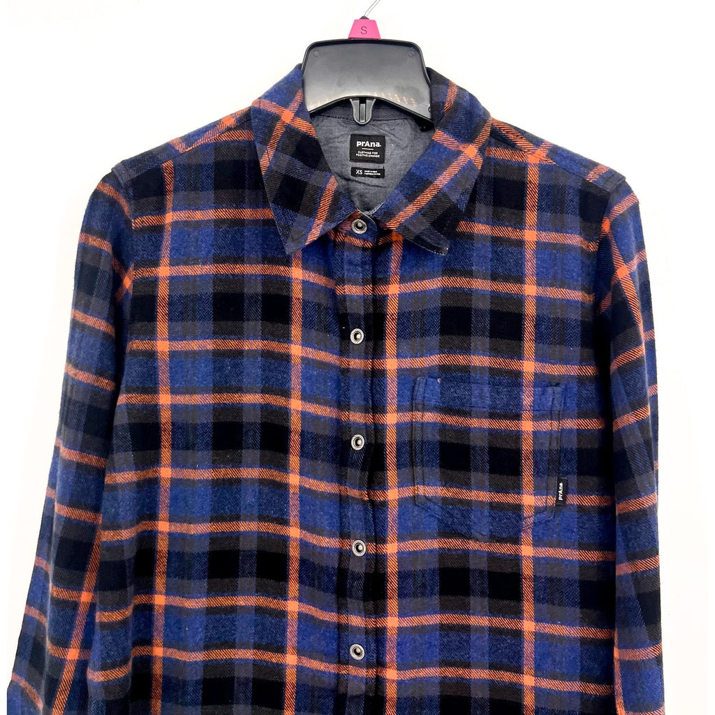 PRANA Women's Golden Canyon Flannel Shirt XS Rich Sapphire Blue Plaid NWT