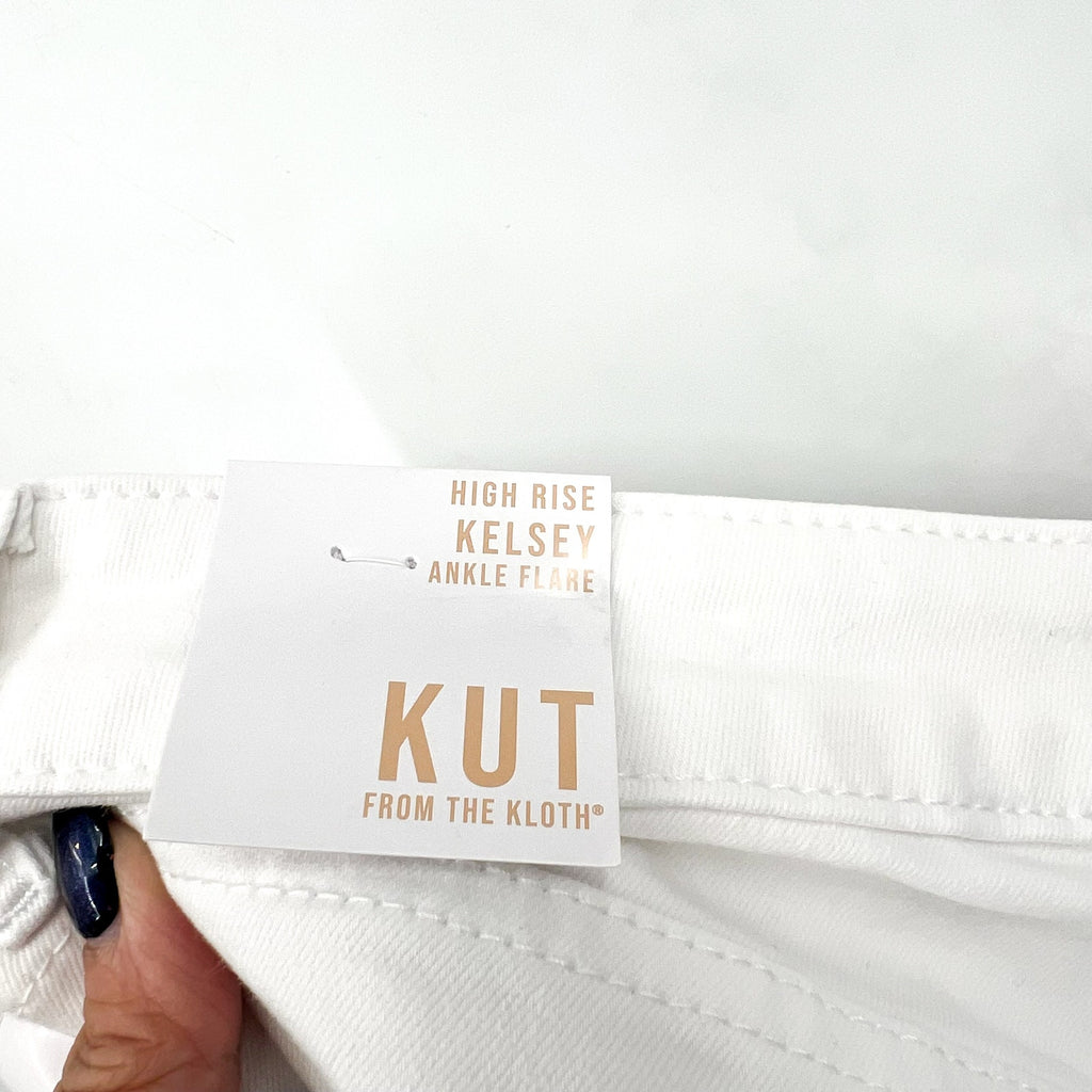 KUT FROM THE KLOTH Kelsey Ankle Flare Jean Size 10 Optic White Raw Hem NWT