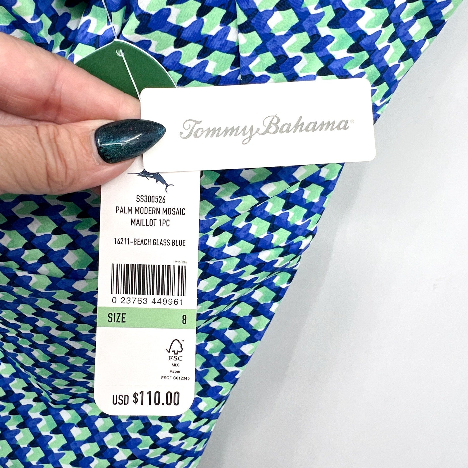 TOMMY BAHAMA Palm Modern Mosaic Pool One-Piece Swimsuit Size 8 Beach Blue NWT