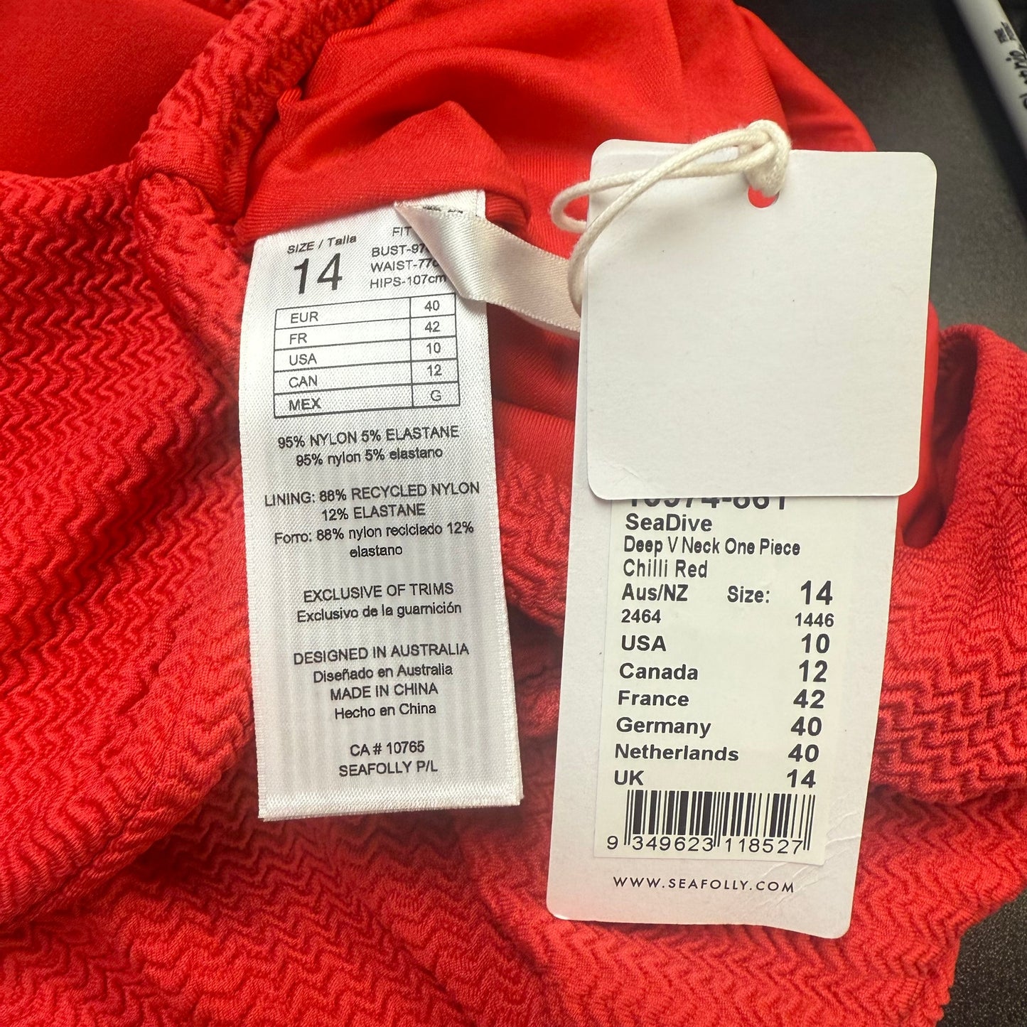 SEAFOLLY Sea Dive Deep V Neck One Piece Swimsuit Size 10 Chilli Red