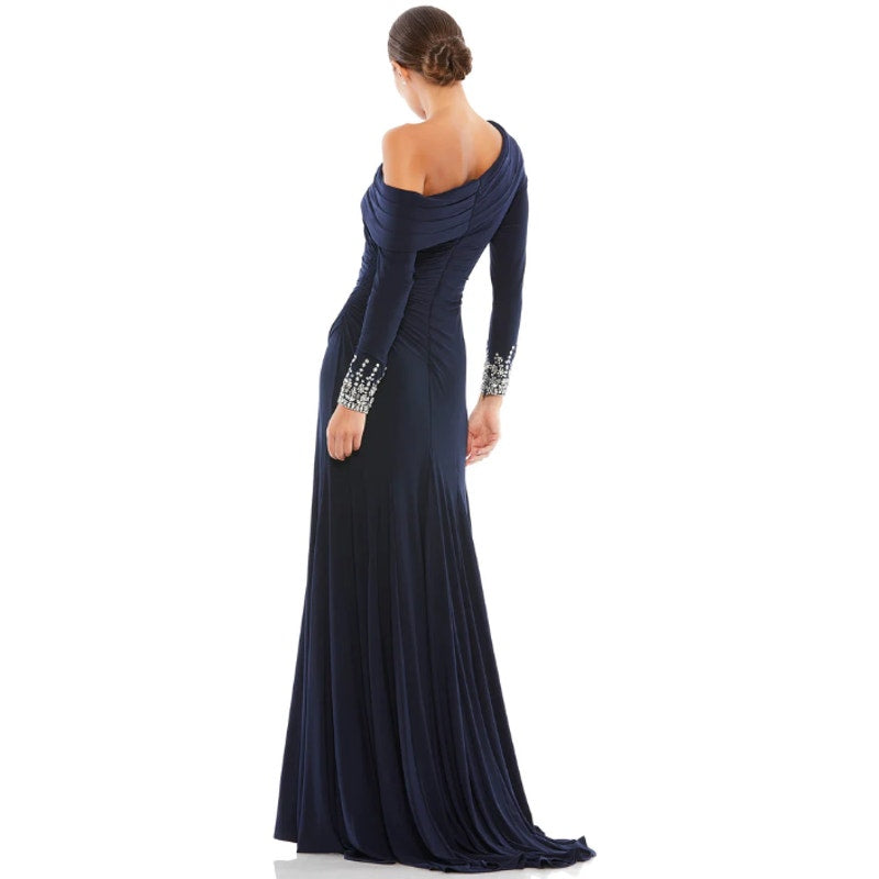 MAC DUGGAL Beaded Cuff Drop Shoulder Gown Size 16 Midnight Navy Blue Formal NWT