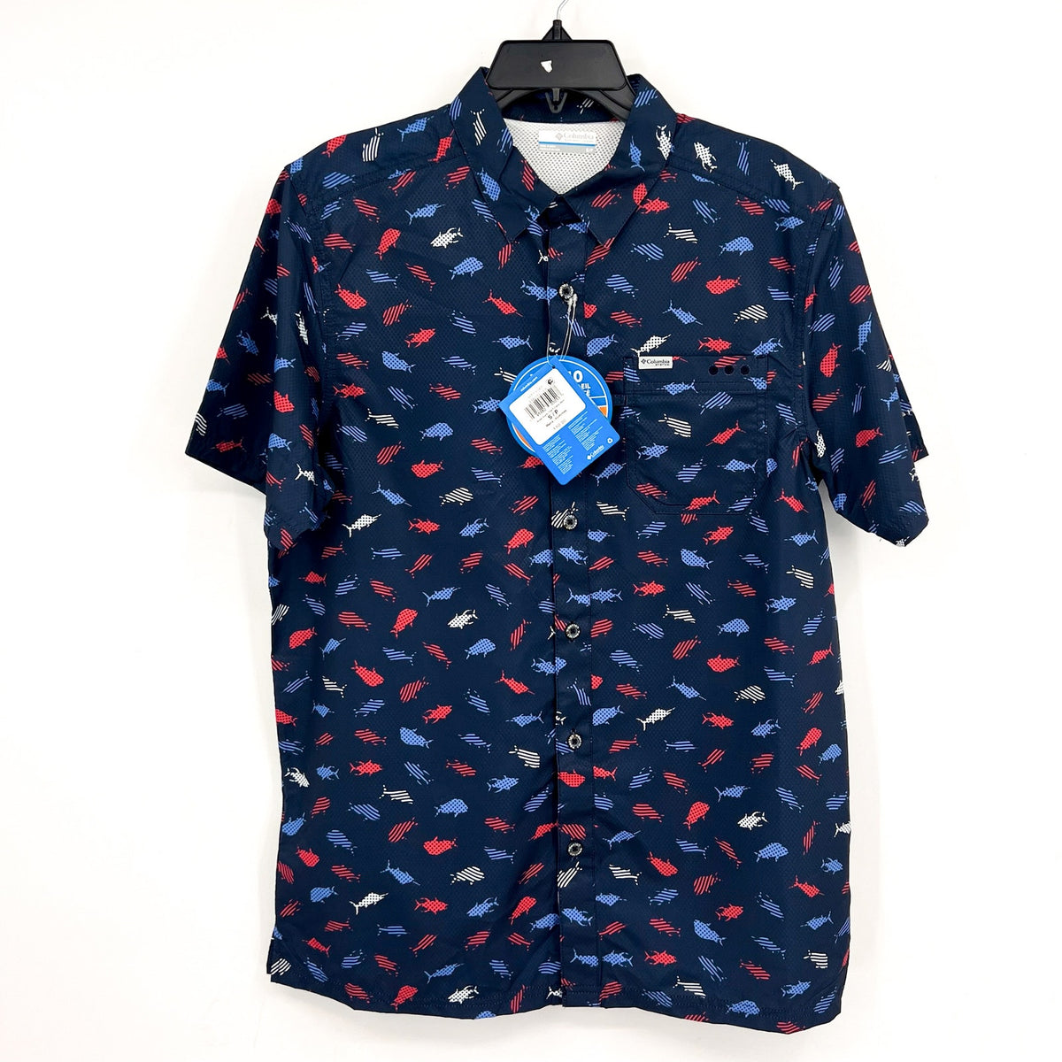 COLUMBIA Men's Super Slack Tide Camp Shirt Small Blue Norturnal Print UPF 40 NWT