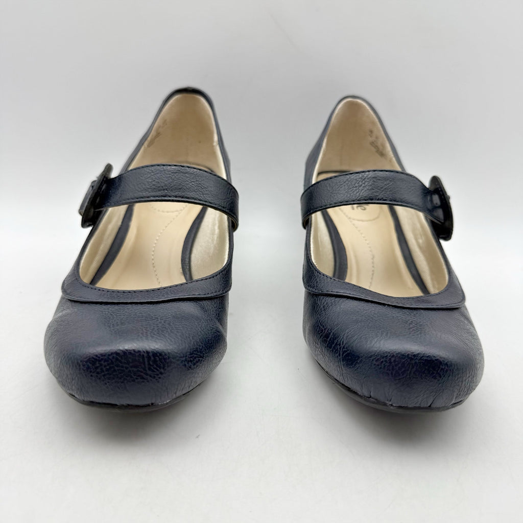 LifeStride Womens Rozz Mary Janes Heels Size 7 WIDE Navy Blue Vegan Leather NIB