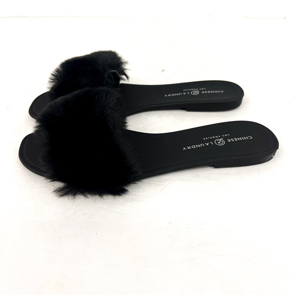 CHINESE LAUNDRY Womens Midnight Flat Slide Sandals Size 8 Black Faux Fur NWOB