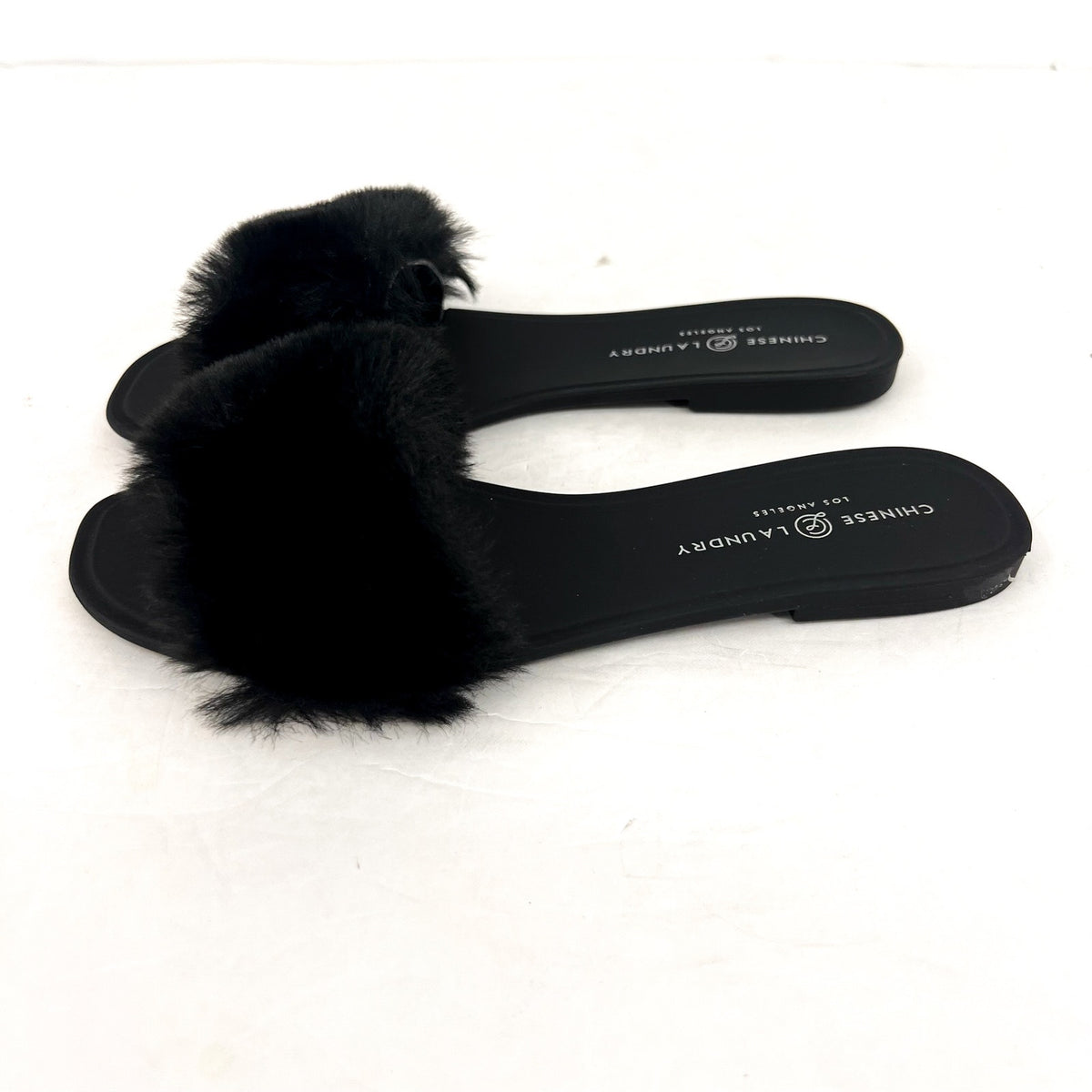 CHINESE LAUNDRY Womens Midnight Flat Slide Sandals Size 8 Black Faux Fur NWOB
