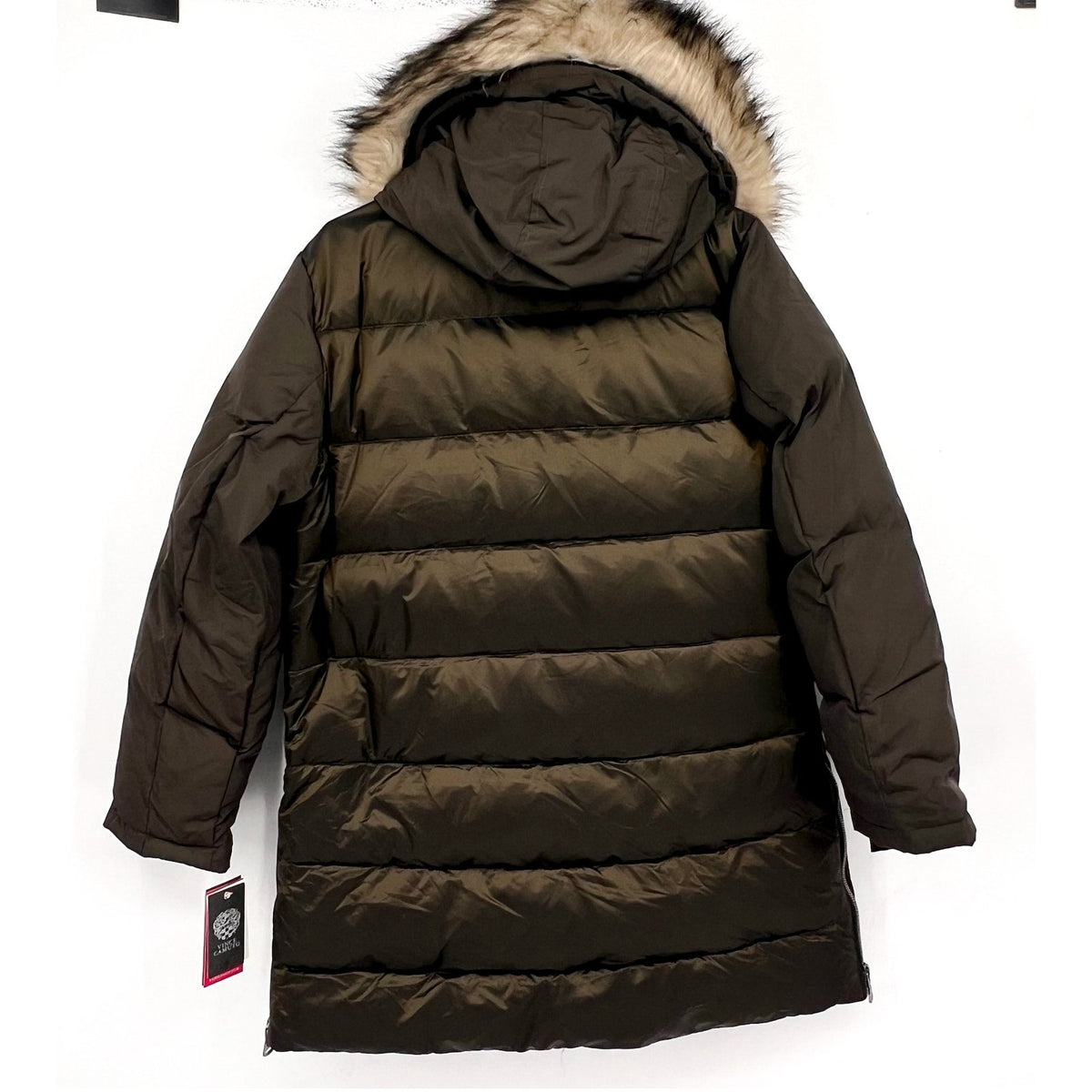 VINCE CAMUTO Heavyweight Hooded Parka Coat Medium Olive Green Faux Fur Trim NWT