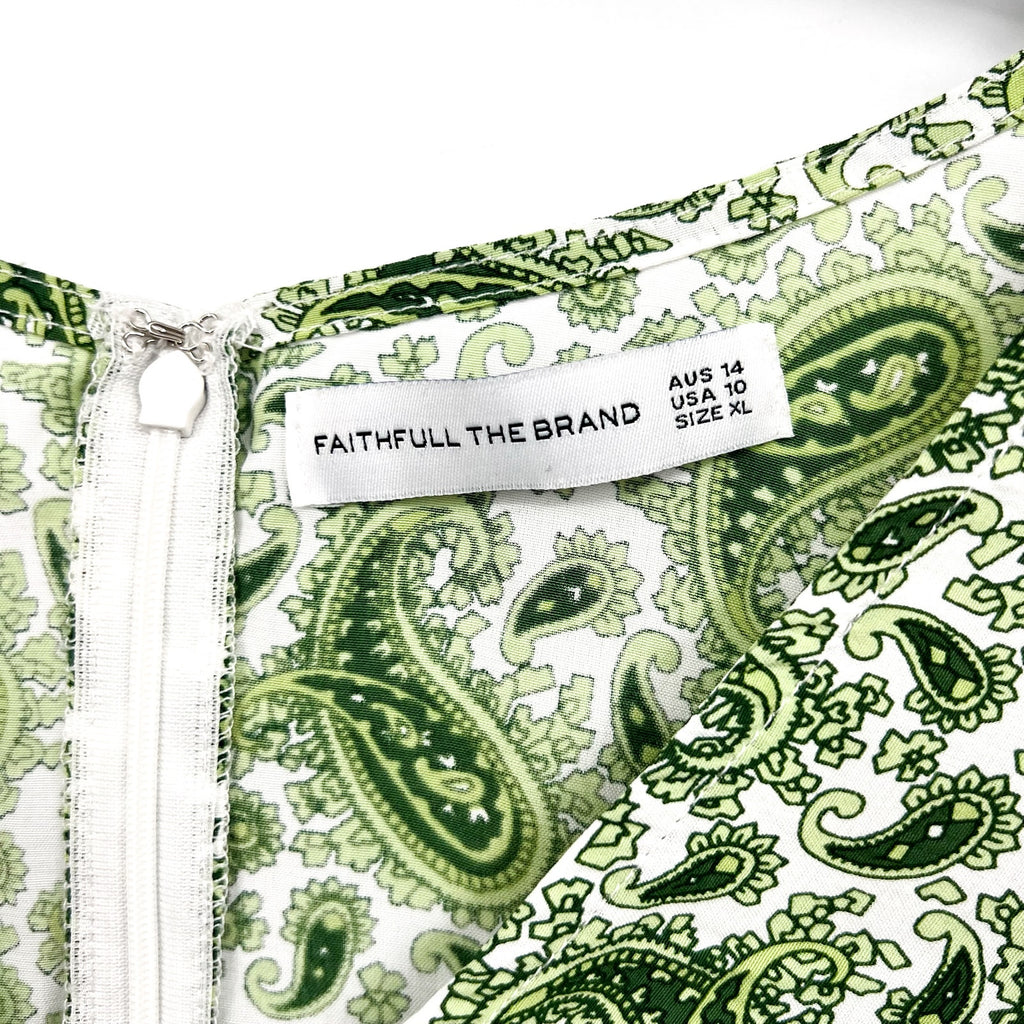 FAITHFULL THE BRAND Women's Bell Sleeve Top Size 10 Green Paisley NWOT
