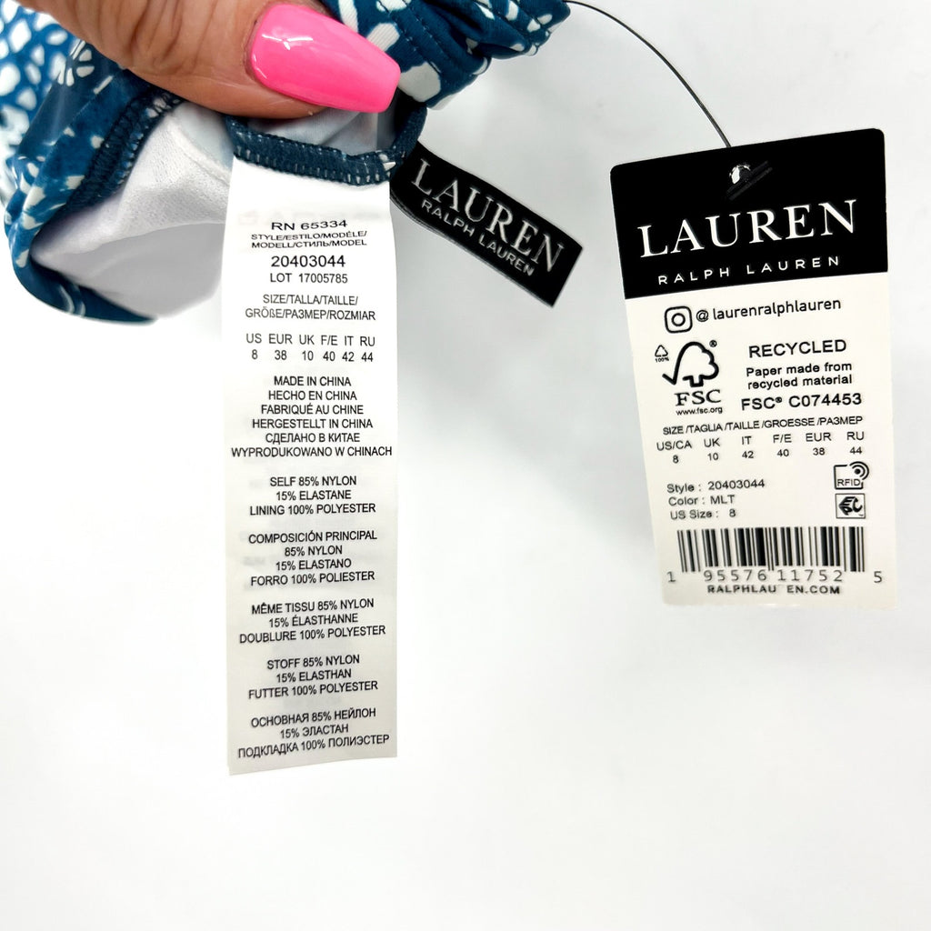 LAUREN RALPH LAUREN Patchwork Bikini Top Size 8 Blue Indigo Scoop Shirred NWT