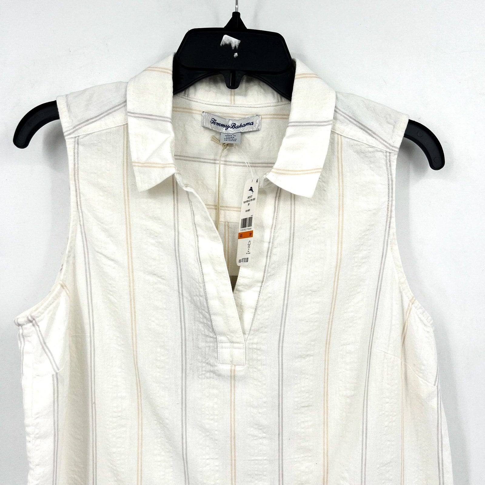 TOMMY BAHAMA Womens Palm View Popover Top Small White Linen-Blend Striped NWT
