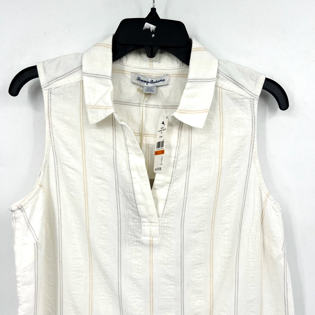 TOMMY BAHAMA Womens Palm View Popover Top Small White Linen-Blend Striped NWT