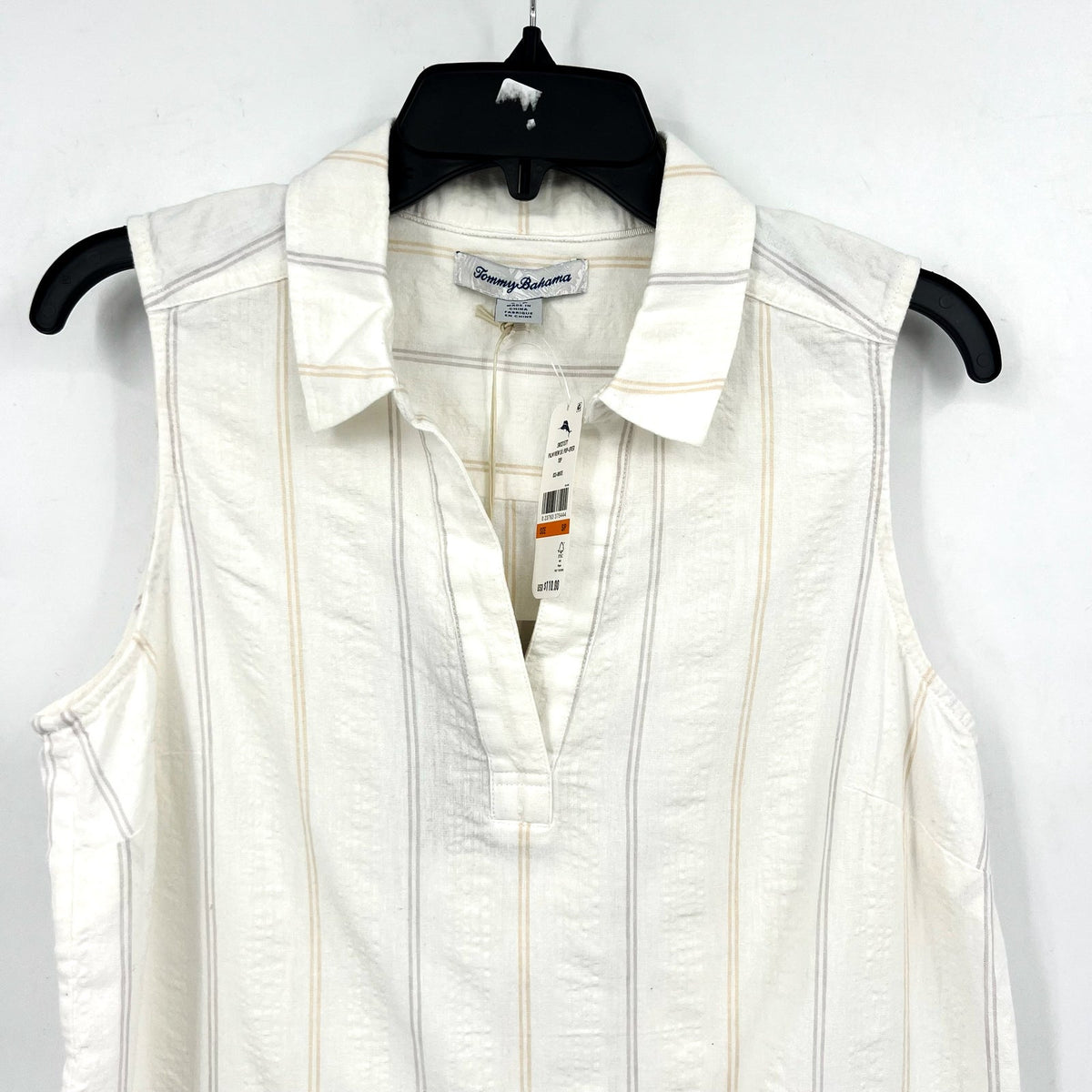 TOMMY BAHAMA Womens Palm View Popover Top Small White Linen-Blend Striped NWT