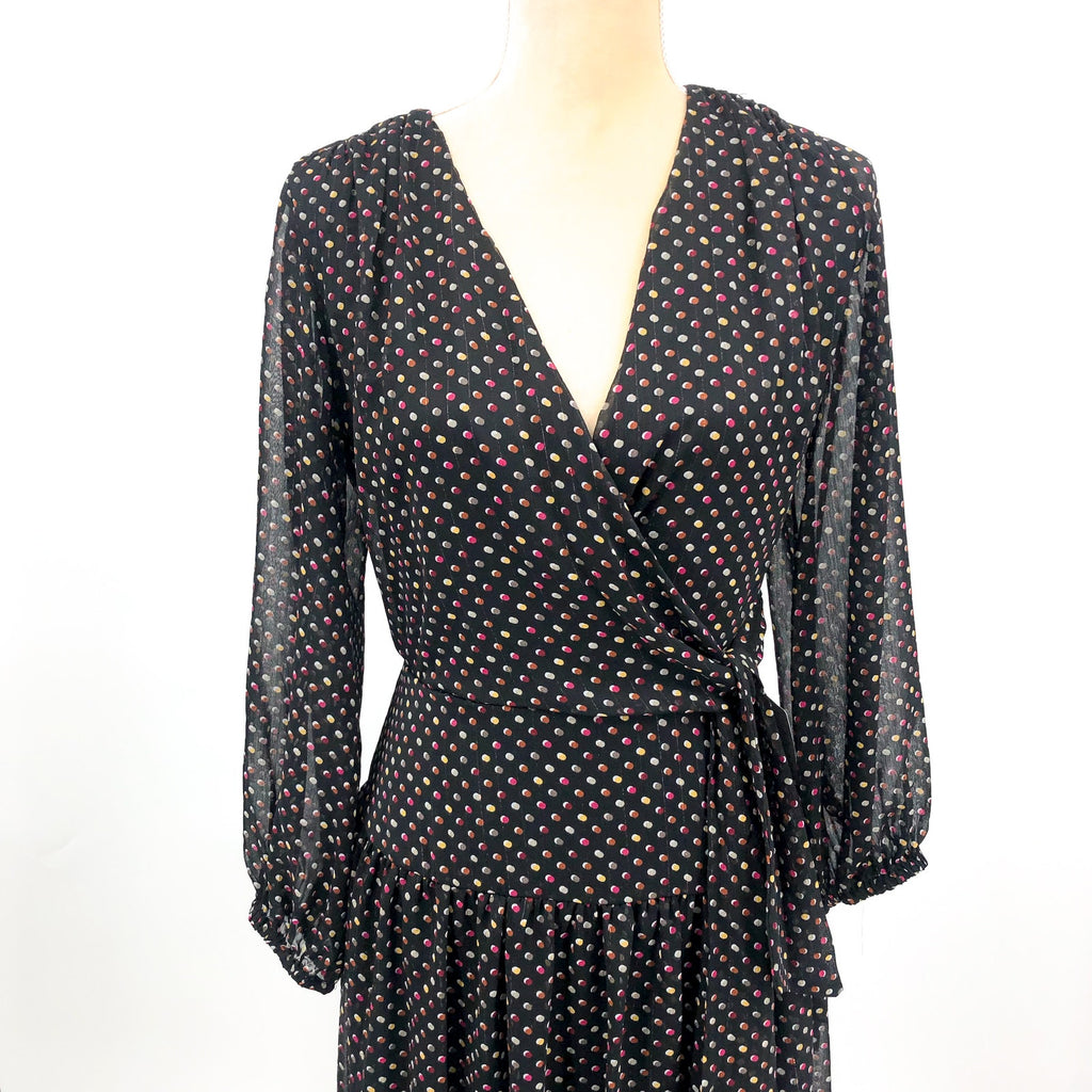 SIGNATURE BY ROBBIE BEE Faux Wrap Dress 10 Black Multi Polka Dot 3/4 Sleeve NWT