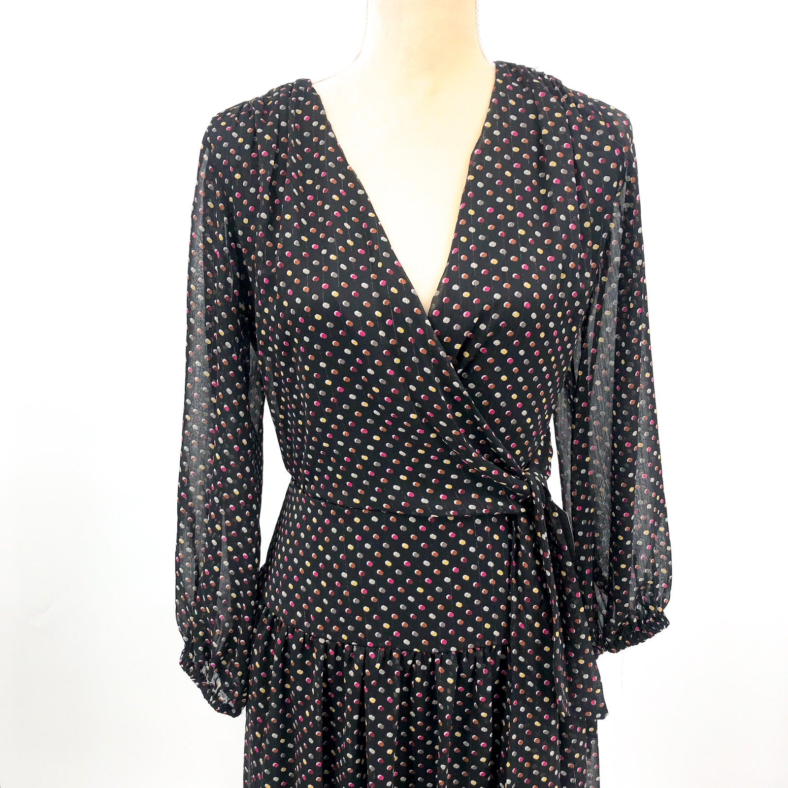 SIGNATURE BY ROBBIE BEE Faux Wrap Dress 10 Black Multi Polka Dot 3/4 Sleeve NWT