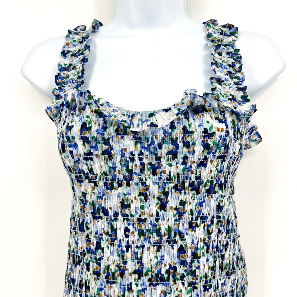 VERONICA BEARD Averie Smocked Tank Top Large Blue Cobalt Floral Print NWOT