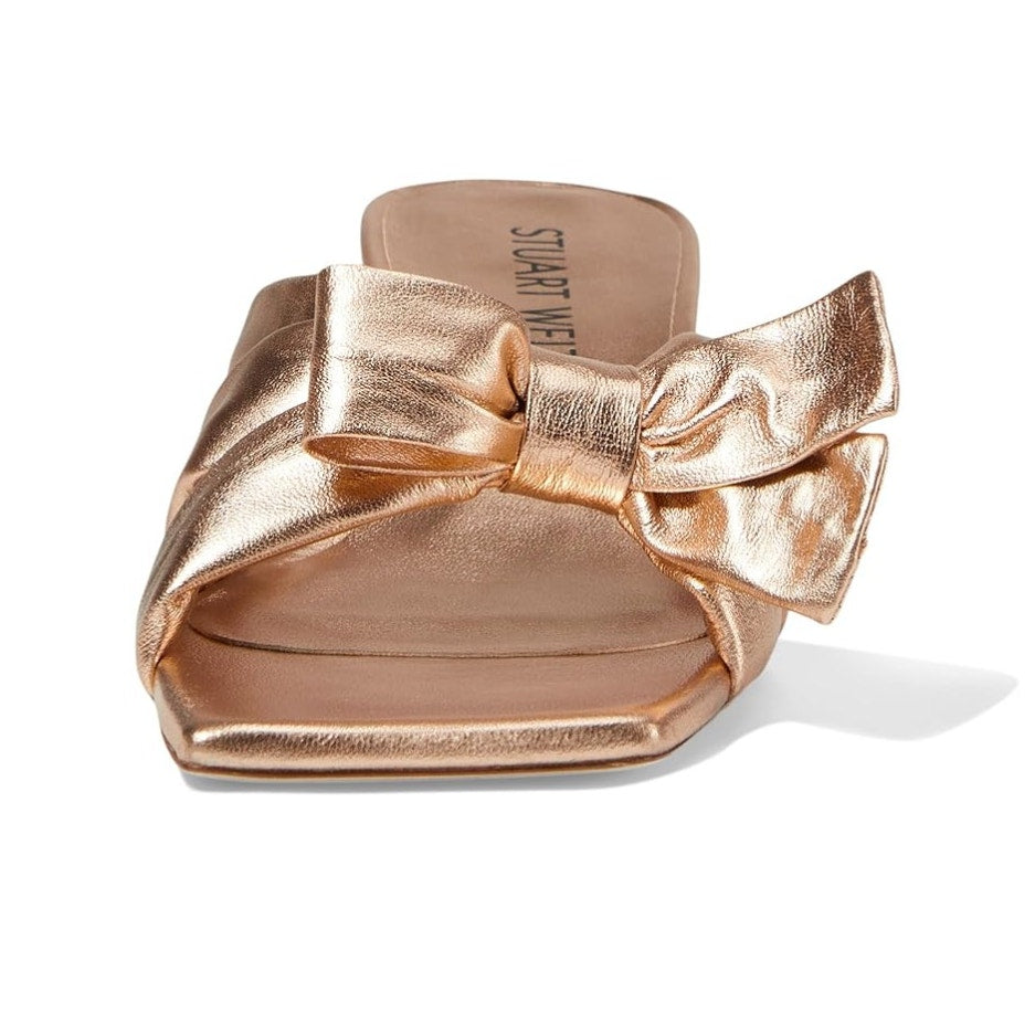 Stuart Weitzman Womens Sofia 45 Slide High Heels US 8.5 M Gold Leather Bow NIB