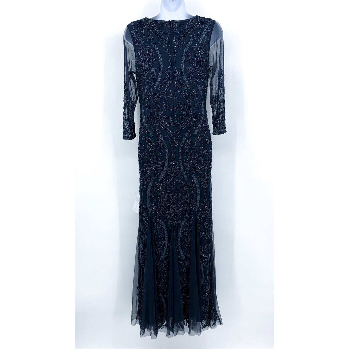 PISARRO NIGHTS Sequin Beaded Illusion Gown Size 2 Navy Blue Maxi Dress NWT