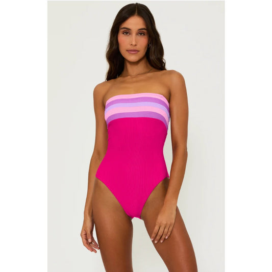 BEACH RIOT Jessa Bandeau One Piece Swimsuit Medium Pink Raspberry Colorblock NWT