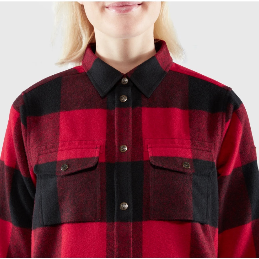 FJALLRAVEN Womens Canada Plaid Shirt Large Red Black Shacket Wool NWT