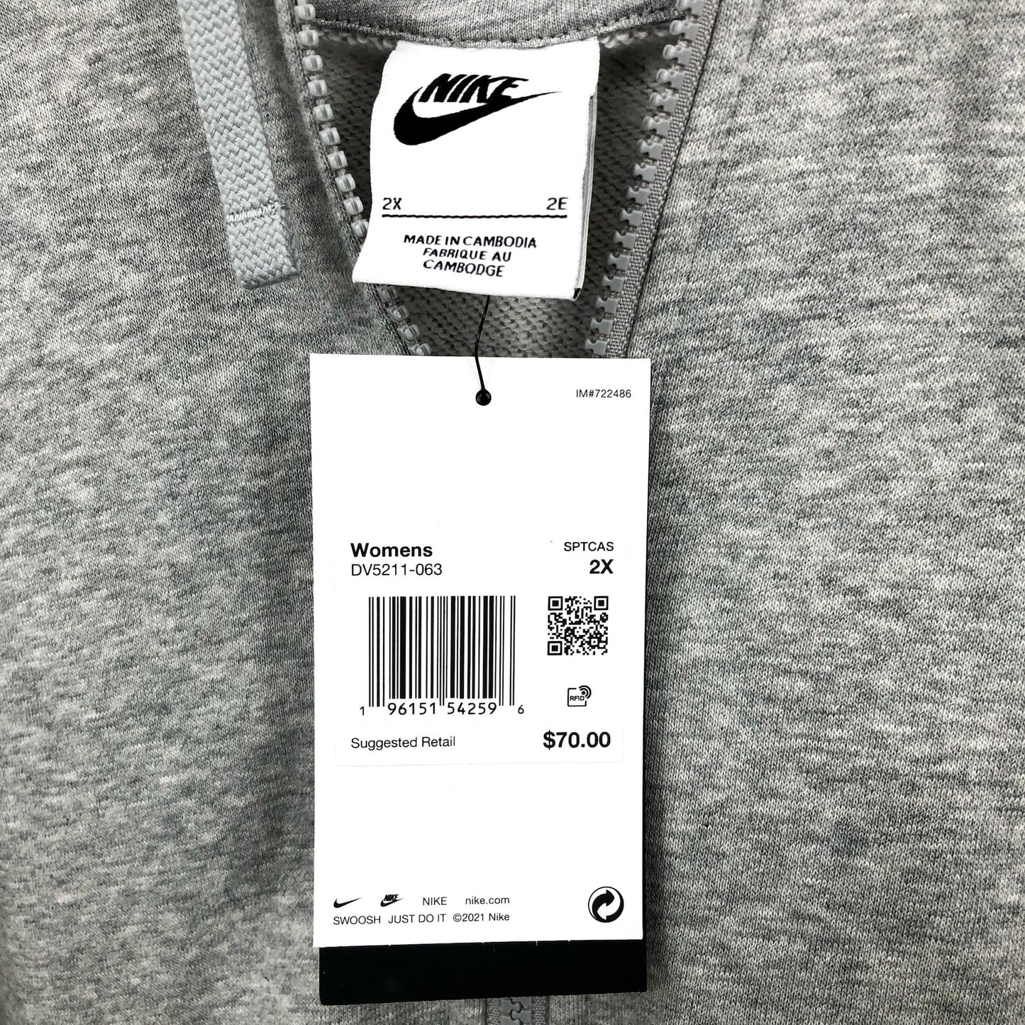 NIKE Womens Sportswear Club Fleece Full-Zip Hoodie 2X Grey Sweatshirt NWT