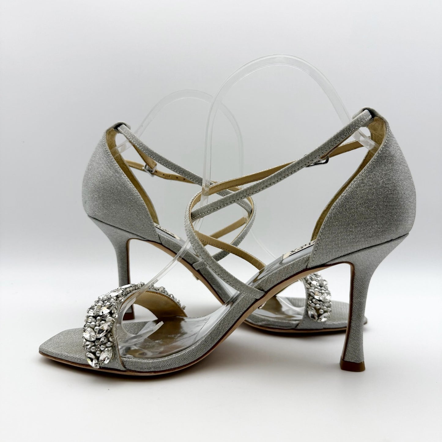 Badgley Mischka Womens Nala Glitter Strappy Heels US 8 Silver Satin NWOB
