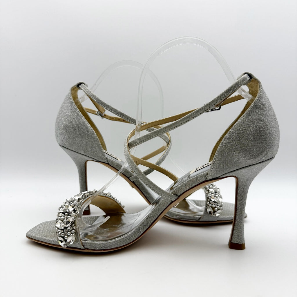 Badgley Mischka Womens Nala Glitter Strappy Heels Size 8 Silver Satin NWOB
